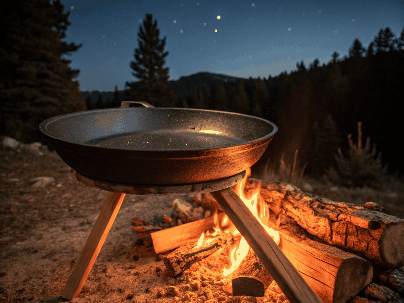 Cast iron skillet over an open campfire flame