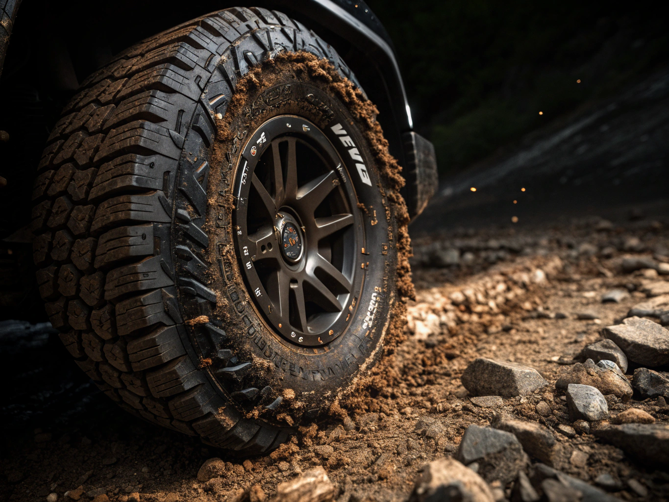 Close-up of all-terrain tires on a dusty trail